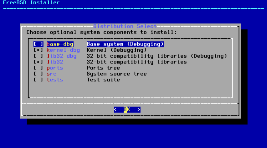 Different components that can be installed. Example: base-dbg