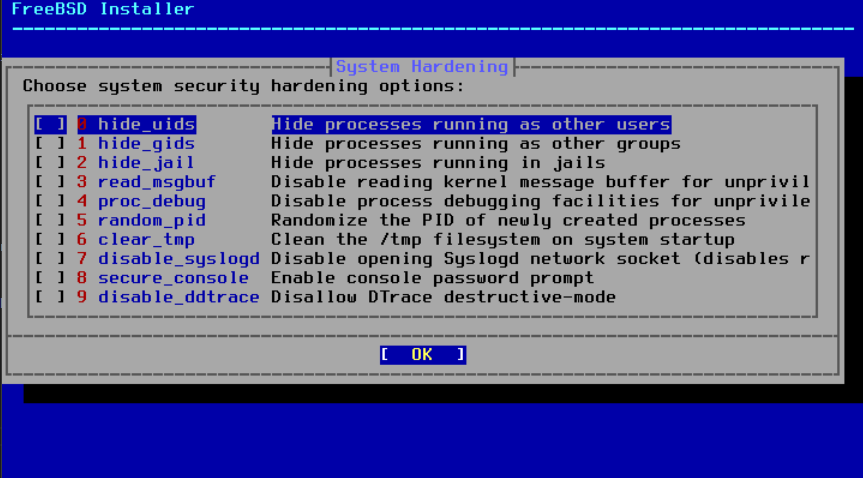 Menu shoring the different hardening security options.