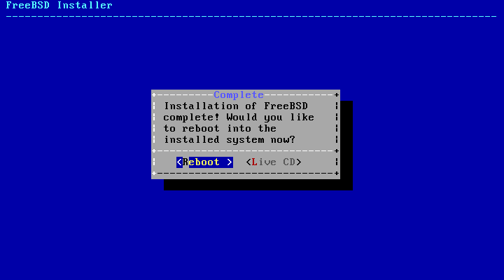 Menu showing that the installation has finished and asking whether to reboot the system or access the Live CD.