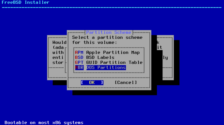 Menu showing the user the different the different types of partition that exist and requesting one of them