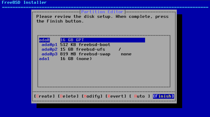 Menu showing created partitions