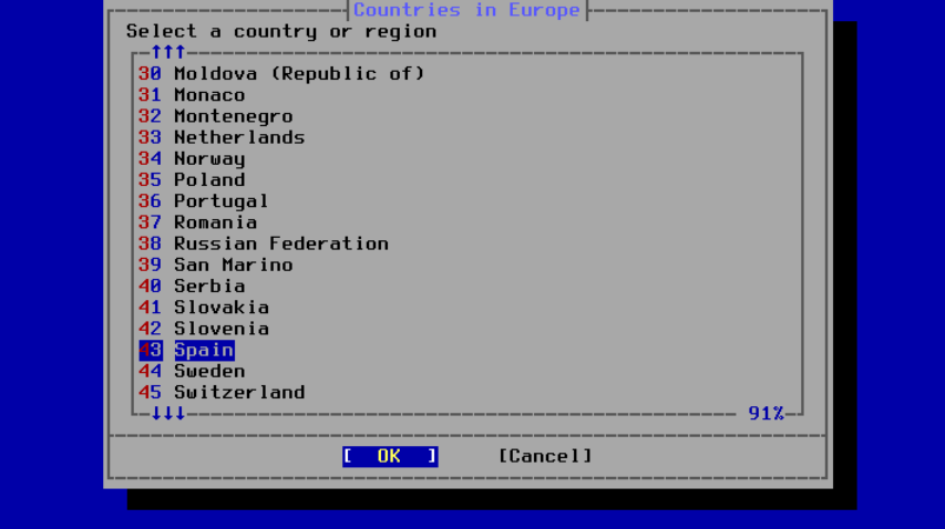 Menu requesting the timezone country.