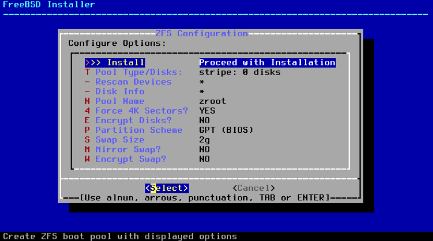 Menu showing the different options to configure the ZFS pool