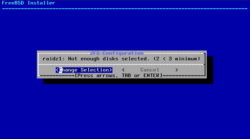 Menu indicating that not enough disks have been selected.