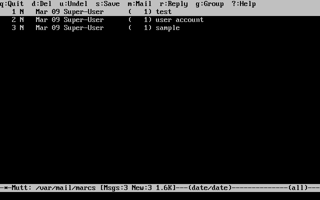 Mutt email client showing a list of messages