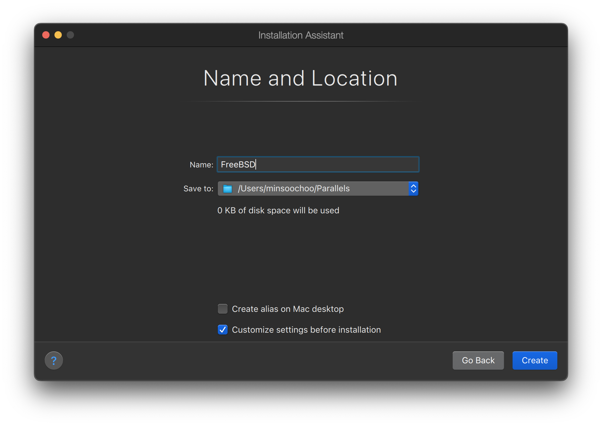 Parallels setup wizard showing the checkbox checked for customizing settings before installation